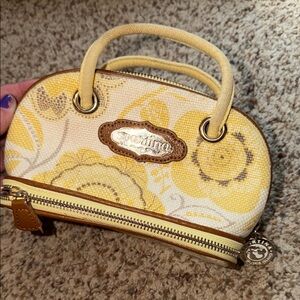 Spartina 449 makeup bag Yellow Floral cute bottom brush pencil mirror compatment